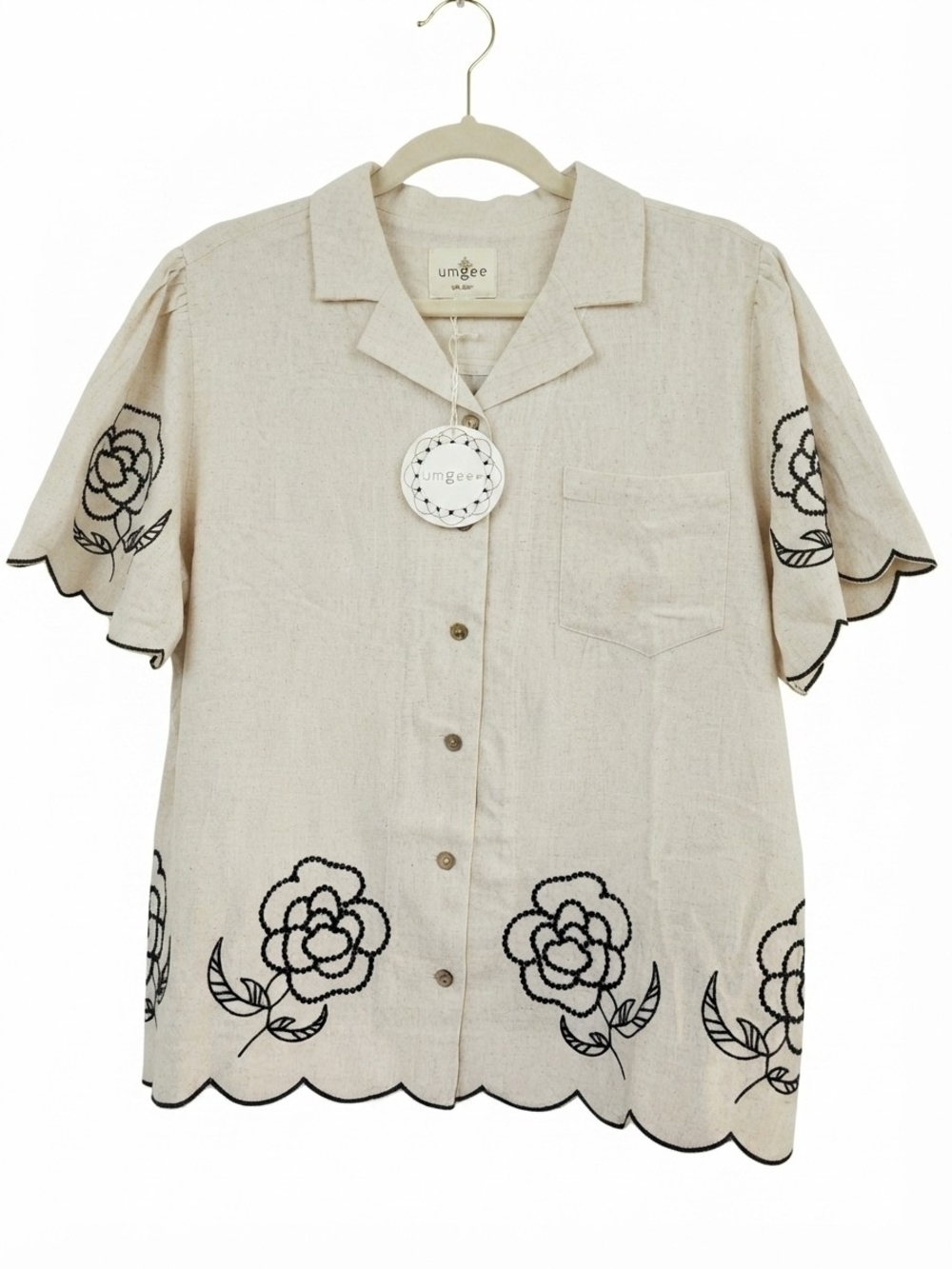 084-Umgee Cream Short Sleeve Button-Down Top with Black Floral Embroidery (1X)